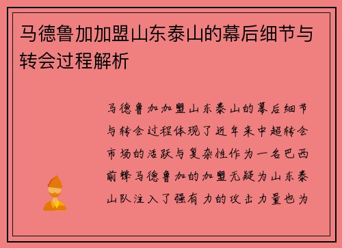 马德鲁加加盟山东泰山的幕后细节与转会过程解析